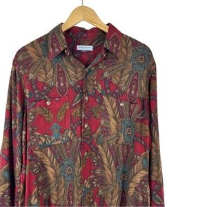 Vtg Bullock & Jones Shirt Mens‎ Medium Floral Red Feather Button Down Wool Blend